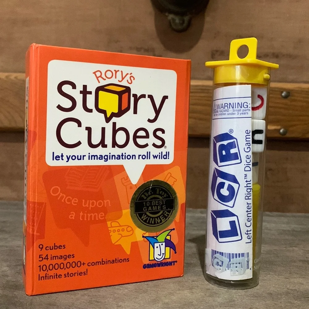 story cubes and LCR -2 learning games for pre-k to early elementary aged kids